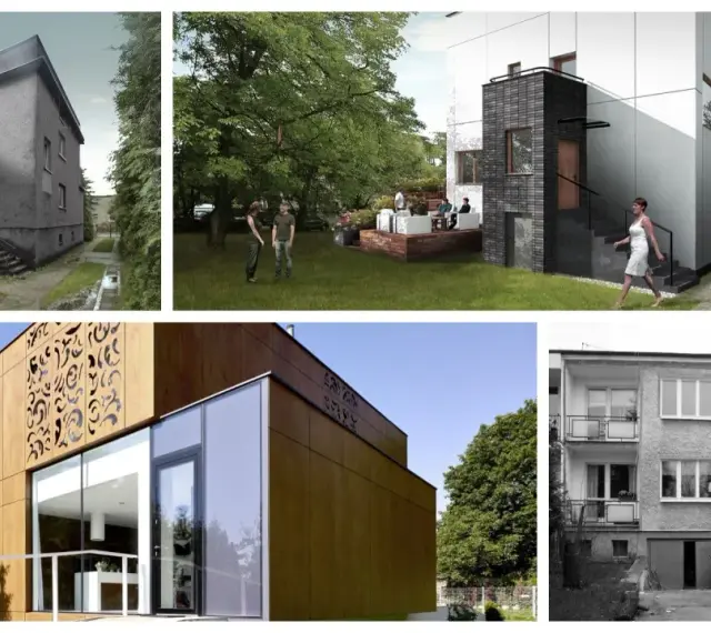 Kolaż zdjęć: stary dom kostka PRL, nowoczesna architektura, ludzie w ogrodzie, kobieta w białej sukience.