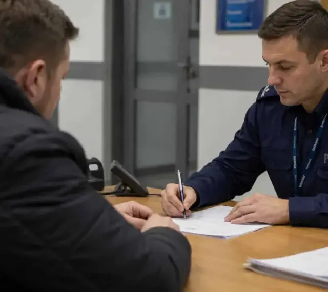 Policjant w mundurze spisuje dokumenty. Dowiedz się, jak sprawdzić status sprawy na policji, aby uzyskać potrzebne informacje.