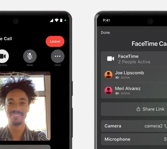 Dwa ekrany telefonu z rozmową FaceTime. Na lewym widać uśmiechniętego mężczyznę, na prawym listę uczestników.