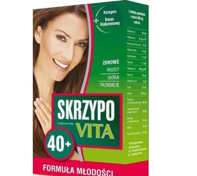 Skrzypovita 40+ z kolagenem i kwasem hialuronowym dla zdrowych włosów, skóry i paznokci. Formuła młodości.