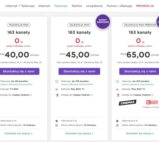 Oferty Play: Telewizja Max z 163 kanałami za 40 zł/mies., Max z dekoderem za 45 zł/mies. i Max Premium za 65 zł/mies. Sprawdź nasze upc pakiety!