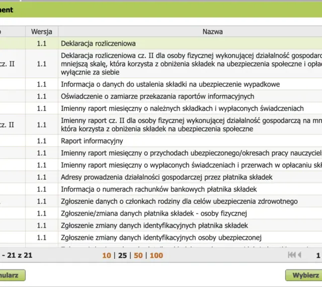 Lista dokumentów ZUS, w tym deklaracja rozliczeniowa ZUS DRA.