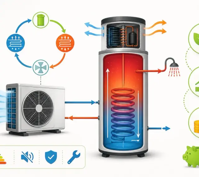 Schéma d'un ballon thermodynamique montrant le cycle de l'air, le chauffage de l'eau et les économies d'énergie.