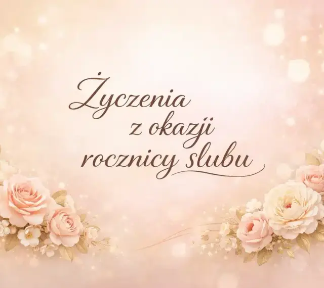 Eleganckie życzenia na 1 rocznicę ślubu, ozdobione pastelowymi różami i delikatnymi światłami.
