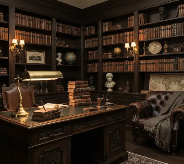 Mroczna biblioteka w stylu "dark academia" z mahoniowym biurkiem, skórzanym fotelem i regałami pełnymi książek. Idealna zastawa stołowa powinna być stonowana, z ciemnych materiałów, np. ceramiki lub metalu, nawiązując do klasyki i elegancji.