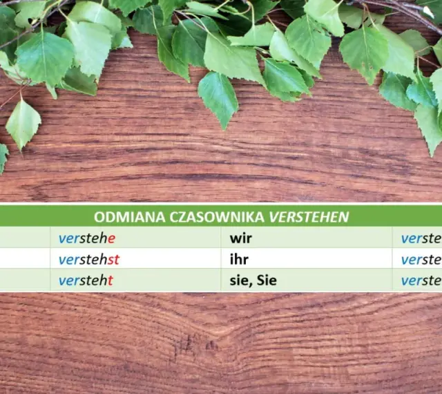 Tabela z odmianą czasownika "verstehen" po niemiecku. Ucz się, jak "verstehen" zmienia się w zależności od osoby.