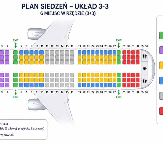 Plan siedzeń 3-3. Zielone miejsca przy wyjściach awaryjnych to idealne miejsce, by szybko opuścić samolot.