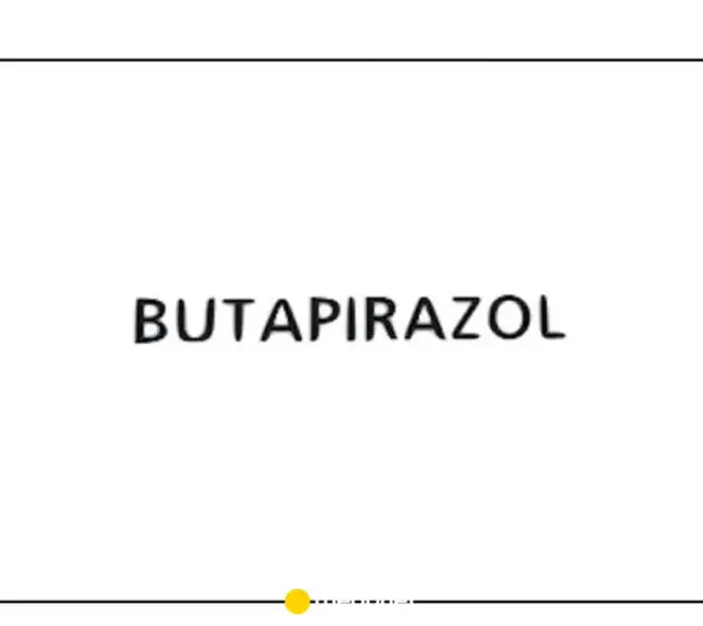 Napis BUTAPIRAZOL na białym tle. Pod napisem linia z kropką.