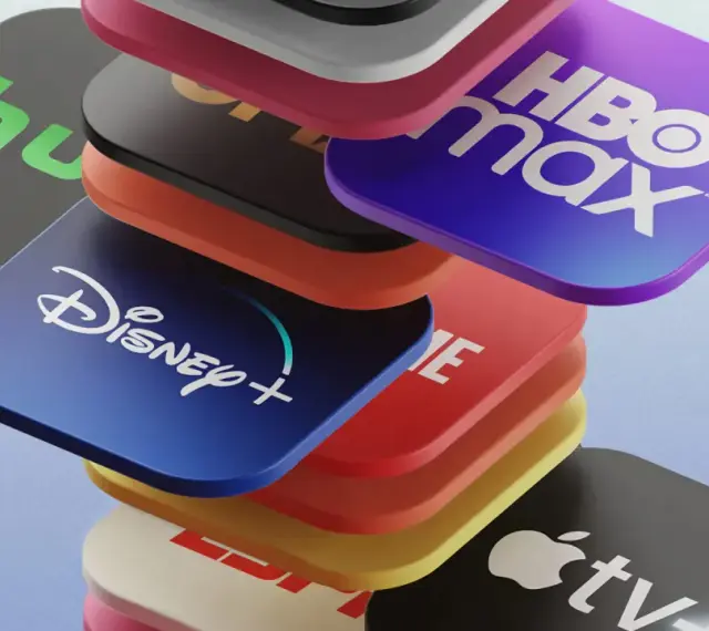 Stos ikon serwisów streamingowych: Disney+, HBO Max, Hulu, Apple TV+ i inne.