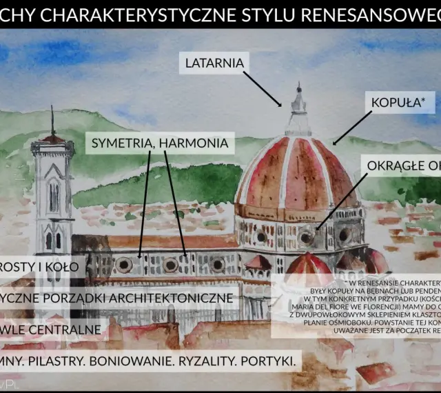 Architektura renesansu przykłady: kopuła, latarnia, symetria, harmonia, okrągłe okna, kolumny.