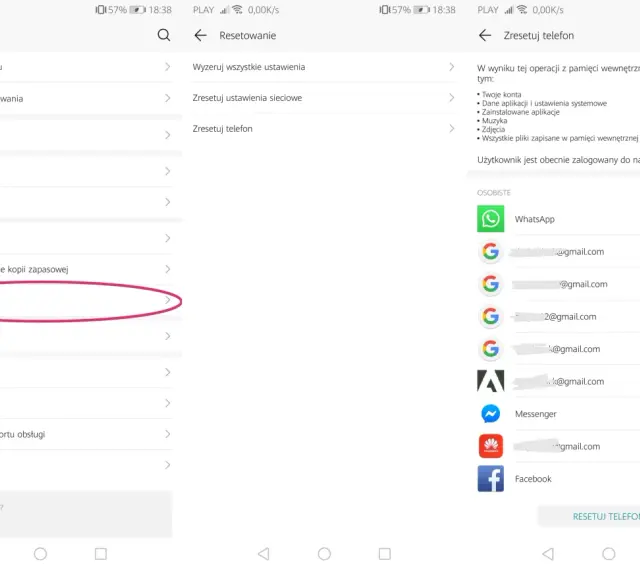 Szukasz sposobu, jak usunąć konto na Gmail? Na ekranie widać opcję "Resetowanie" w ustawieniach telefonu, która może pomóc w usunięciu kont.