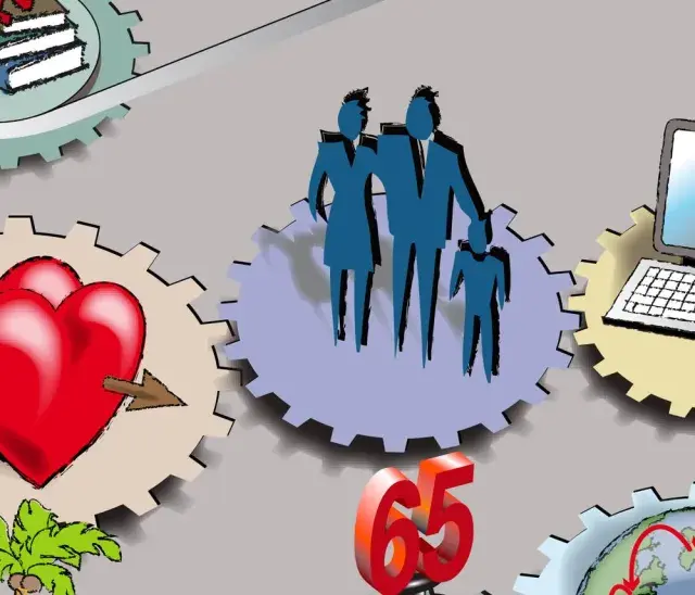 Zahnräder symbolisieren den Determinismus des Lebens: Familie, Liebe, Geld, Bildung, Alter (65), Technologie und Reisen sind miteinander verbunden.