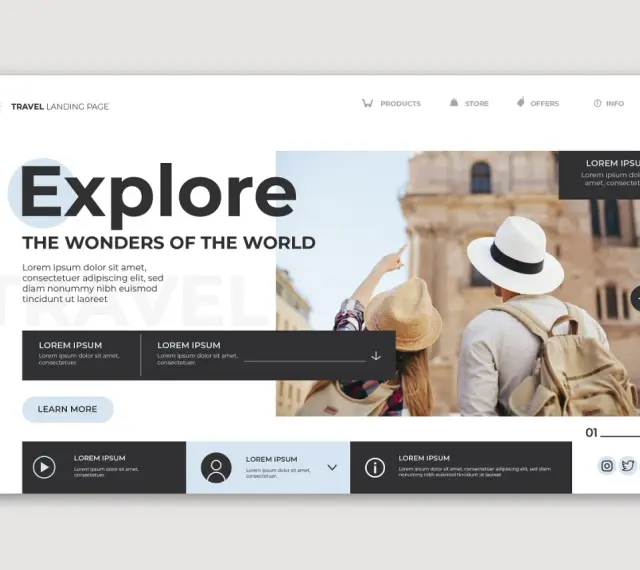 Strona główna podróży z hasłem "Explore The Wonders of the World". Ten **layout co to** zachęca do odkrywania świata.