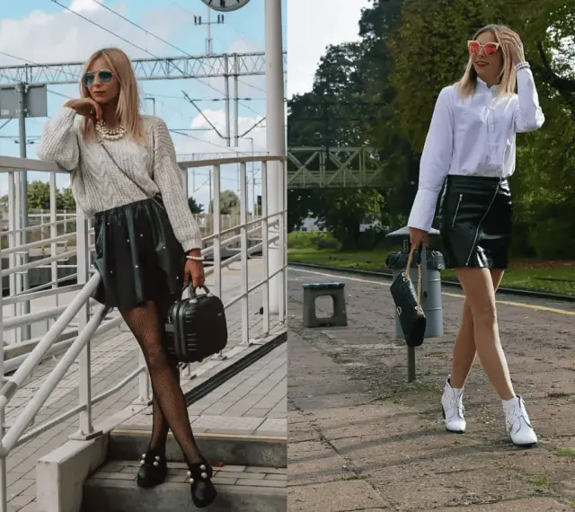 Dwie stylizacje pokazują, co ubrać do skórzanej spódnicy: sweter i botki lub białą koszulę i botki.