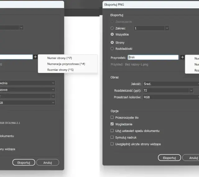 Ustawienia eksportu pliku png: jakość średnia, rozdzielczość 72 ppi, przestrzeń kolorów RGB. Opcje obejmują wygładzanie.