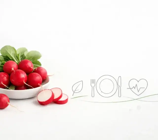 Świeże rzodkiewki w misce, symbolizujące zdrową dietę i niską rzodkiewka kcal. Obok ikony talerza, sztućców i serca.
