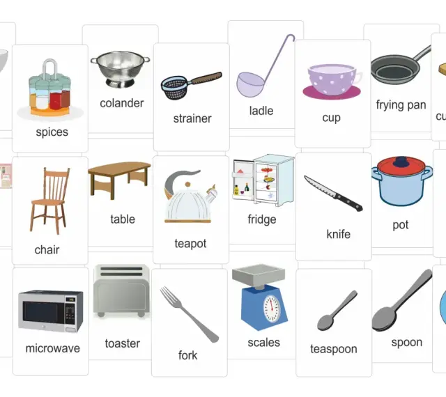 Zestaw kart z obrazkami przedstawiającymi przybory kuchenne po angielsku: bowl, colander, frying pan, cutting board, kitchen, table, fridge, chair, teapot, knife, pot, glass, cooker, microwave, toaster, fork, scales, teaspoon, spoon, plate.
