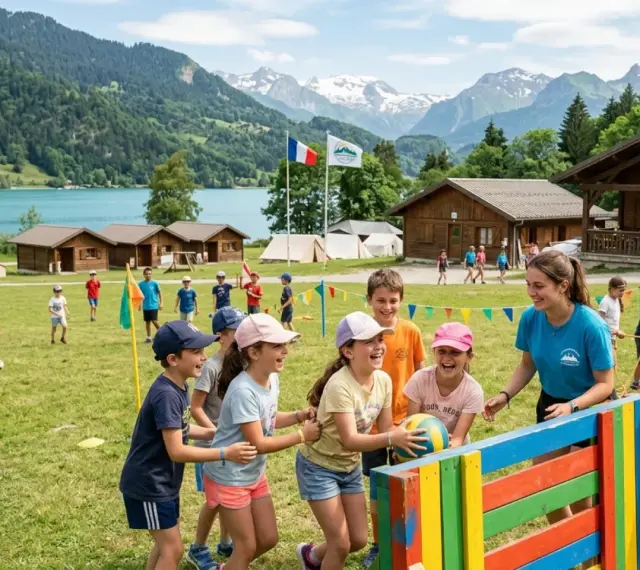 Animation colonie de vacances : des enfants rient en jouant avec un ballon, une monitrice les supervise. Paysage de montagne et lac en arrière-plan.
