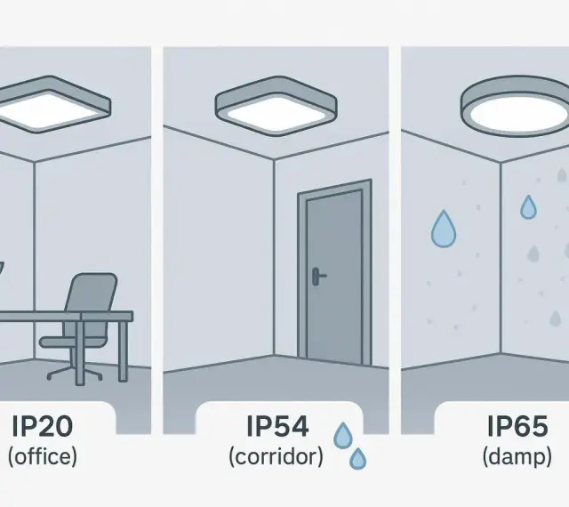 Trzy lampy sufitowe: IP20 w biurze, IP54 w korytarzu, IP65 w wilgotnym pomieszczeniu.