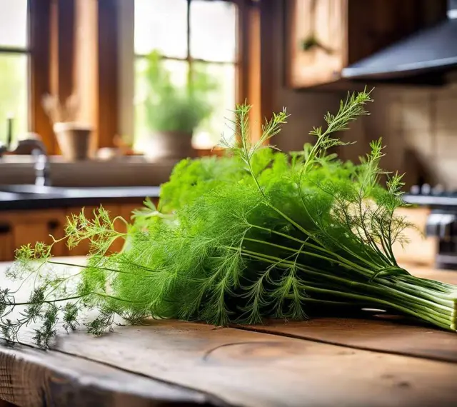 Un bouquet de fenouil sauvage frais, aux fines feuilles vertes, repose sur une table en bois rustique. La cuisine en arrière-plan suggère une préparation culinaire savoureuse.