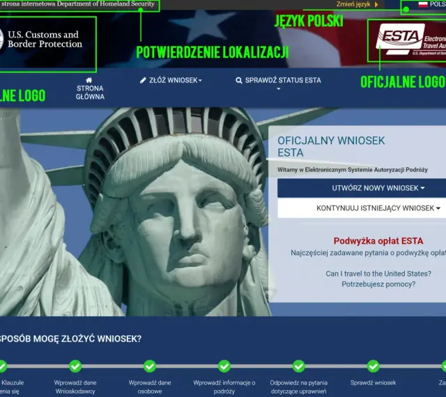 Oficjalna strona ESTA, gdzie można złożyć wniosek o wizę turystyczną USA.