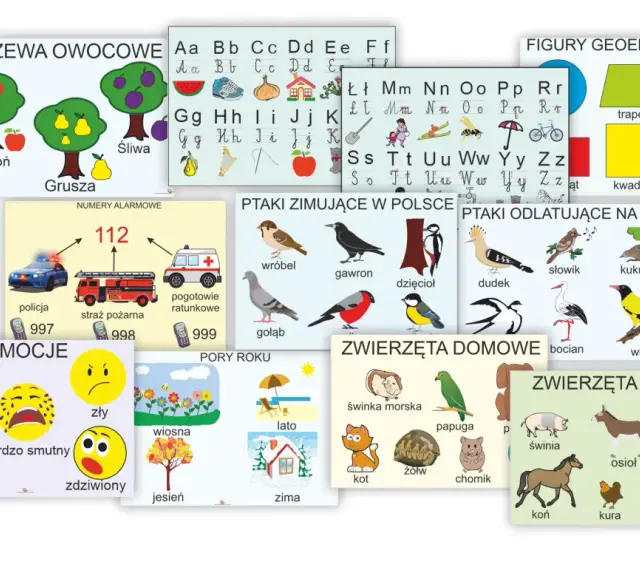 Zestaw plansz edukacyjnych dla klas 1-3: owoce, litery, figury, ptaki, emocje, pory roku, zwierzęta.