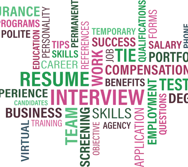 Słowa kluczowe związane z karierą i procesem rekrutacji: RESUME, INTERVIEW, SKILLS, EXPERIENCE, EDUCATION, SUCCESS, PORTFOLIO, SALARY, COMPENSATION, EMPLOYMENT, APPLICATION, TEST, DEGREE, INSURANCE, PROGRAMS, POLITE, TEMPORARY, PERSONALITY, TIPS, REFER...