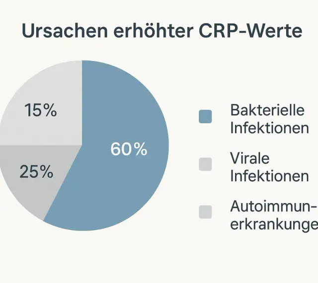 Wykres kołowy pokazuje przyczyny podwyższonego CRP: 60% infekcje bakteryjne, 25% wirusowe, 15% choroby autoimmunologiczne. CRP co to?