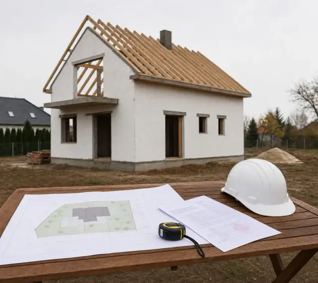 Na stole leżą plany i biały kask. W tle buduje się dom bez pozwolenia, widać jego szkielet i białe ściany.