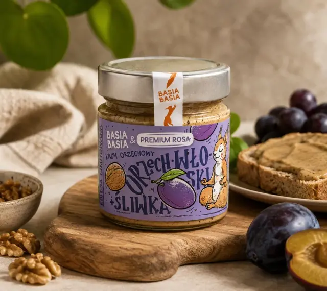 Krem orzechowo-śliwkowy na śniadanie, idealny dla osób na dieta fodmap. Na zdjęciu słoik z kremem, orzechy włoskie, śliwki i tost.
