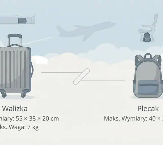 Co to znaczy walizka kabinowa? Ilustracja porównuje wymiary walizki (55x38x20 cm, 7 kg) i plecaka (40x30x15 cm) na tle samolotu i chmur.