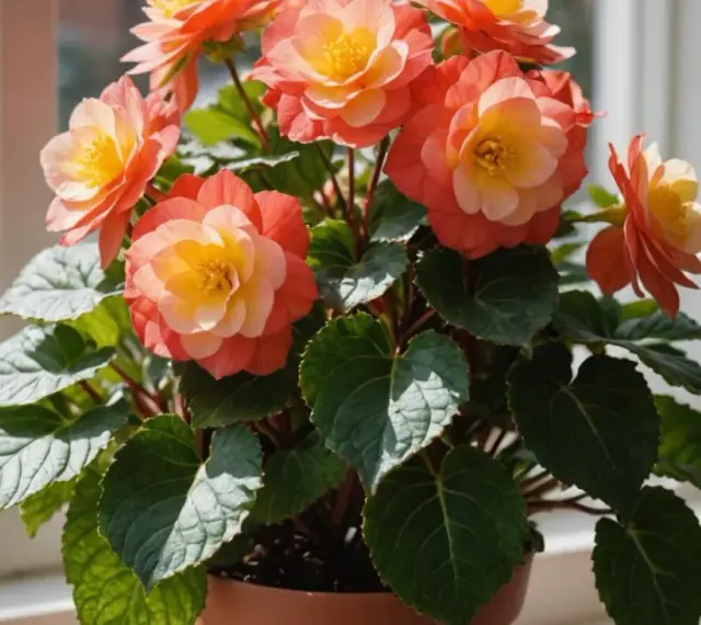 Piękna begonia doniczkowa z pomarańczowo-żółtymi kwiatami, gotowa na podlewanie.