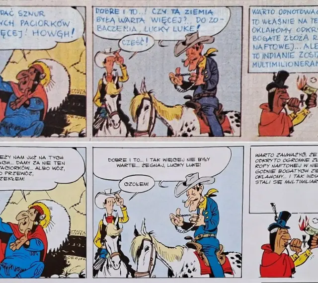 Lucky Luke w komiksowej historii o ropie naftowej. Indianin oferuje sznur paciorków, a potem staje się multimilionerem.