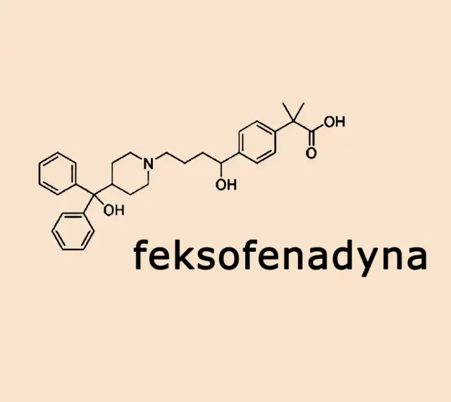 Struktura chemiczna feksofenadyny, leku przeciwhistaminowego.