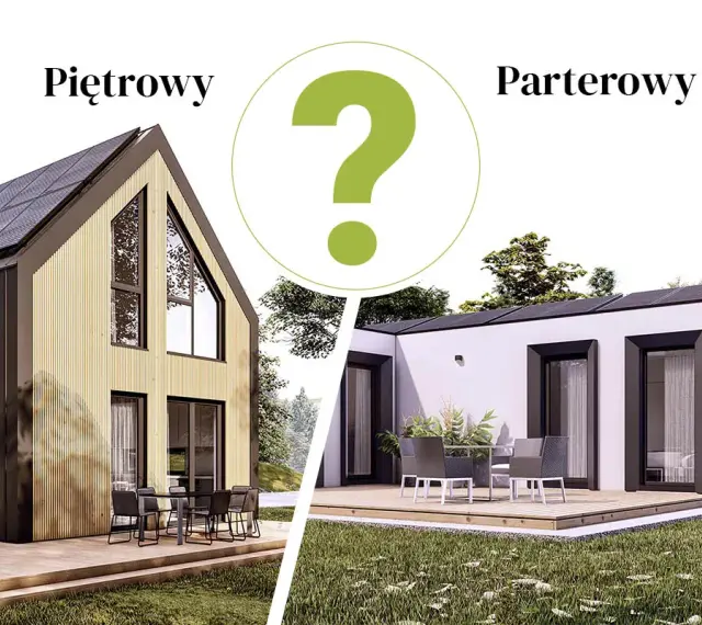 Piętrowy dom z drewnianą elewacją i panelem słonecznym kontra parterowy, nowoczesny budynek. Który wybierasz?