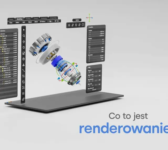 Interfejs programu graficznego z modelem 3D mechanizmu, panelami z parametrami i pytaniem "Co to jest renderowanie?".