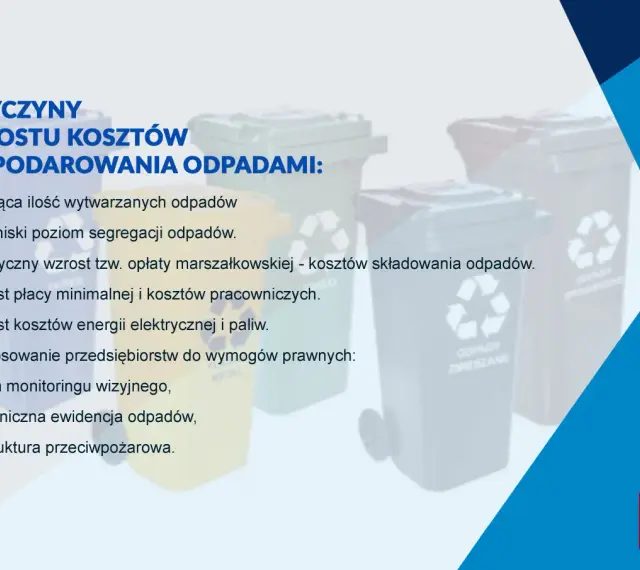 Przyczyny wzrostu kosztów gospodarowania odpadami: rosnąca ilość śmieci, niska segregacja, opłaty, płaca minimalna, energia, paliwo, wymogi prawne, monitoring, ewidencja, infrastruktura.