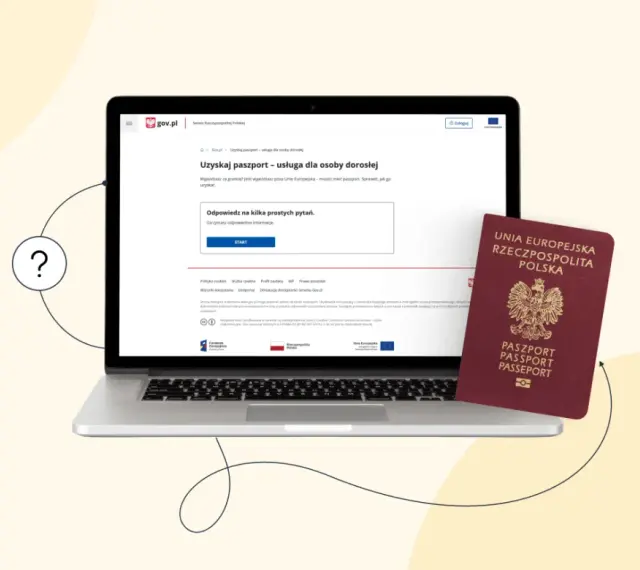 Laptop z otwartą stroną gov.pl o paszportach i polski paszport obok. Wniosek o paszport w Łodzi? Sprawdź, jak go uzyskać online.