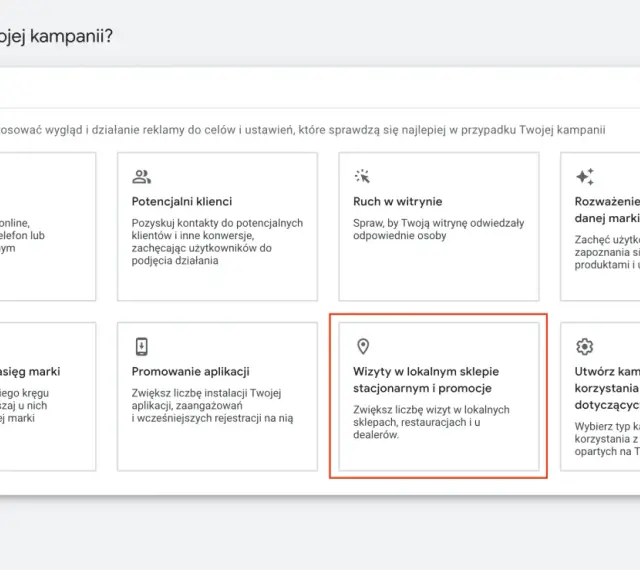 Wybór celu kampanii lokalnej Google Ads: wizyty w sklepie stacjonarnym i promocje.