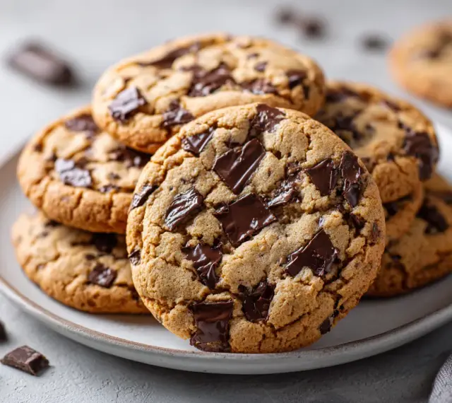 En hög med nybakade chocolate chip cookies, perfekta för ett enkelt recept.