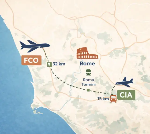 Mapa pokazuje trasę z lotniska Fiumicino do Rzymu (32 km) i dalej do lotniska Ciampino (15 km).