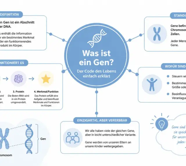Ein Gen ist ein DNA-Abschnitt, der Merkmale bestimmt. Dieser phänotypische Code wird von Eltern an Kinder weitergegeben und macht jeden einzigartig.