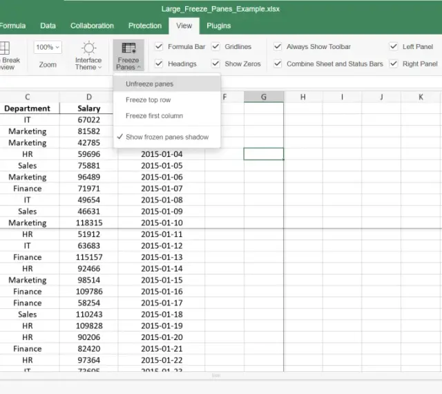 Excel-Menü zeigt Optionen zum "excel zeile fixieren". Die oberste Zeile ist bereits fixiert.
