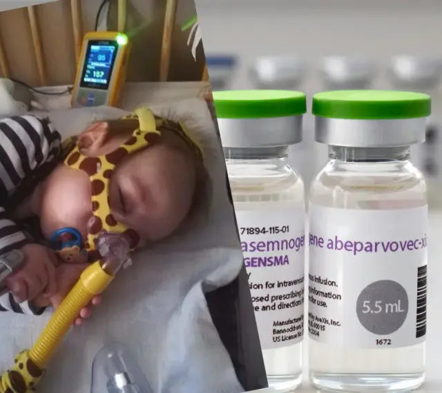 Chore niemowlę podłączone do aparatury medycznej obok fiolek z lekiem.
