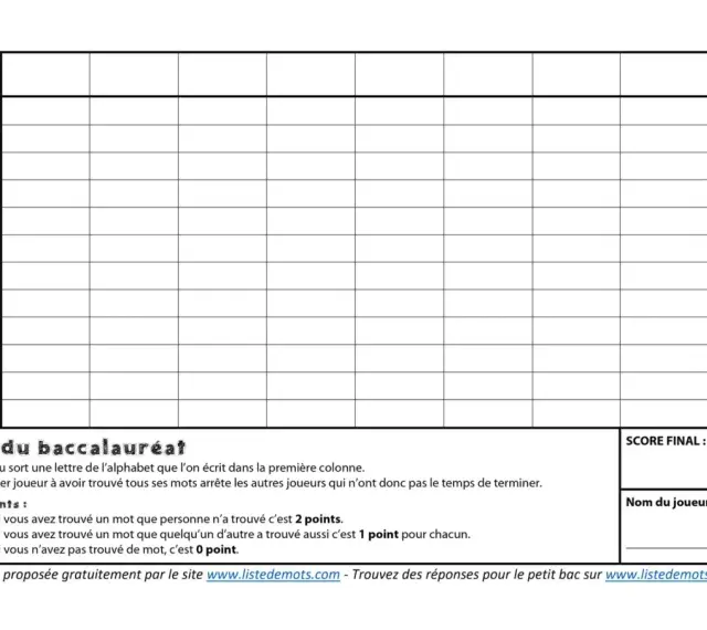 Grille de jeu "Jeu du baccalauréat" avec des colonnes pour les lettres et les scores. Un petit bac est suggéré pour le jeu.