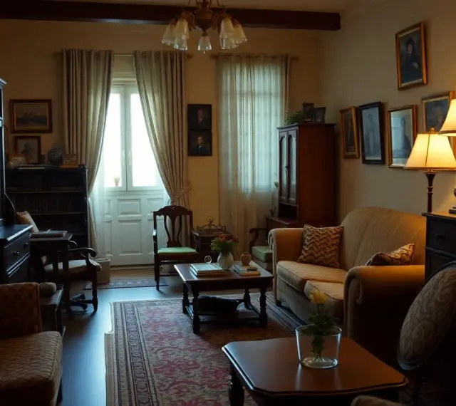 Stary salon, pamiątka po rodzicach. Wygodna kanapa, obrazy na ścianach i zabytkowe meble tworzą atmosferę spokoju.