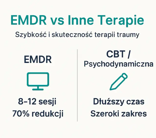 Porównanie EMDR z innymi terapiami: EMDR wymaga 8-12 sesji, oferując 70% redukcji objawów traumy.