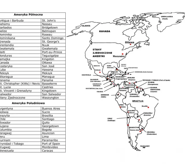 Mapa przedstawia kraje Ameryki Północnej i Południowej z ich stolicami. Zaznaczone są m.in. Kanada, USA, Meksyk, Brazylia, Argentyna.
