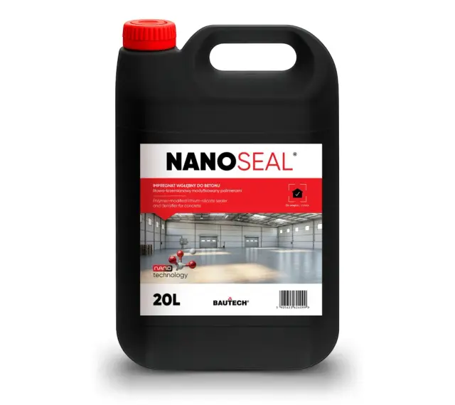Czarny kanister z preparatem NANOSEAL do impregnacji betonu. Produkt zapewnia ochronę i wzmocnienie posadzek przemysłowych.