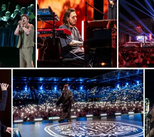 Wielki koncert pieśni współczesne: artyści na scenie, chór, publiczność z telefonami, pianista, akordeonista i skrzypaczka.